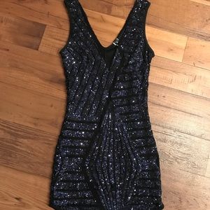 Windsor Blue Sequin & Black Mesh Dress